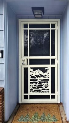 Craftsman Custom steel security door CS-1 design with Mt Hood waterjet cutout Portland